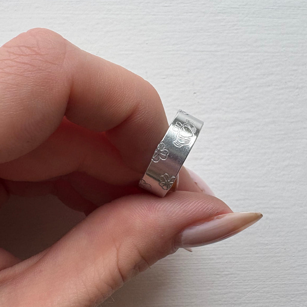 Silver Claddagh and Shamrock Hand-Stamped Ring