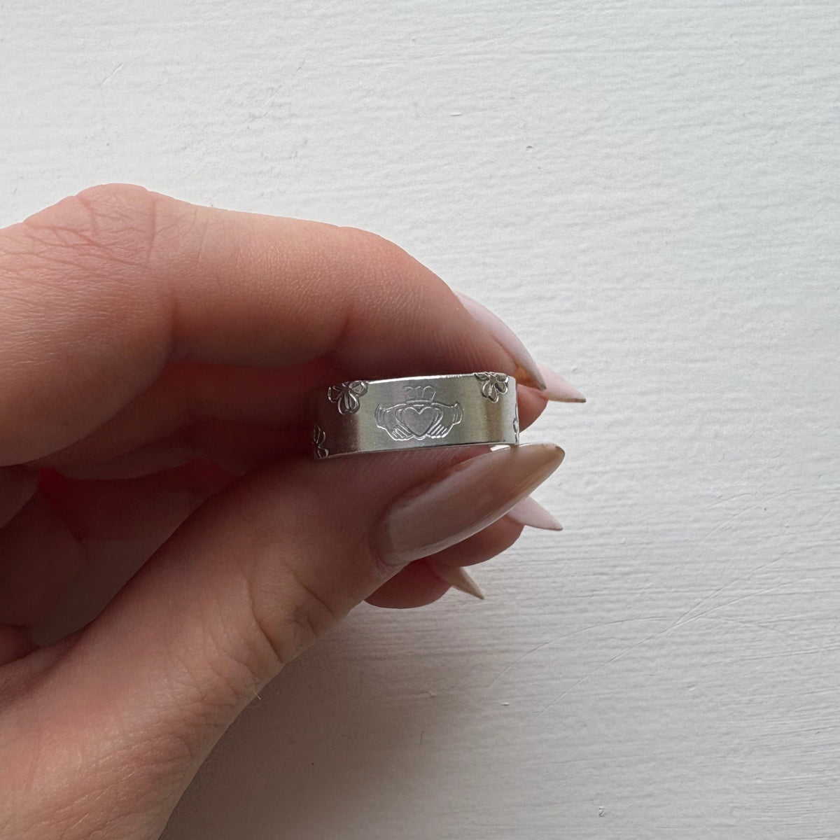 Silver Claddagh and Shamrock Hand-Stamped Ring