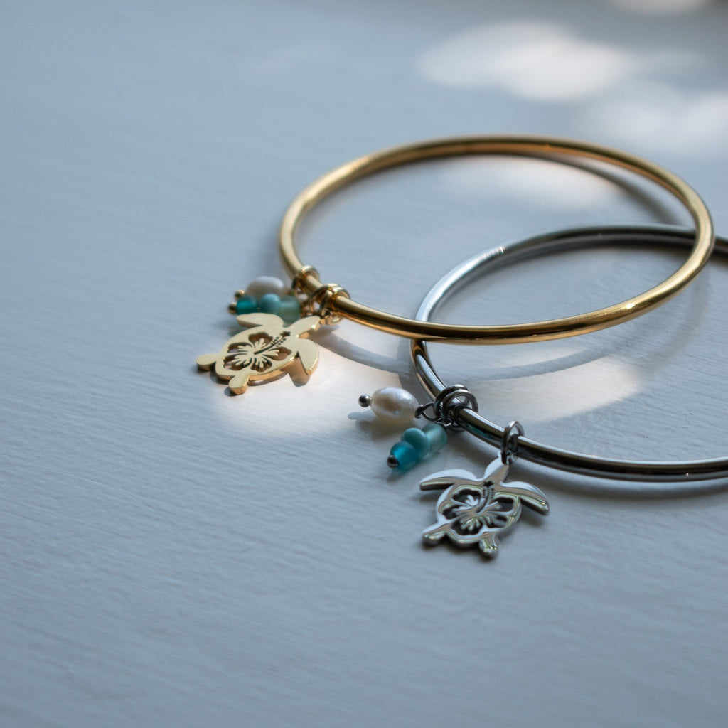 Gold Hibiscus Turtle Charm Bangle