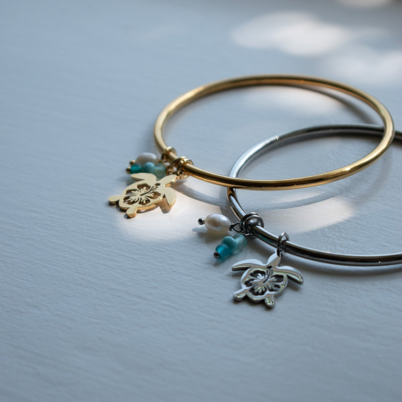 Gold Hibiscus Turtle Charm Bangle
