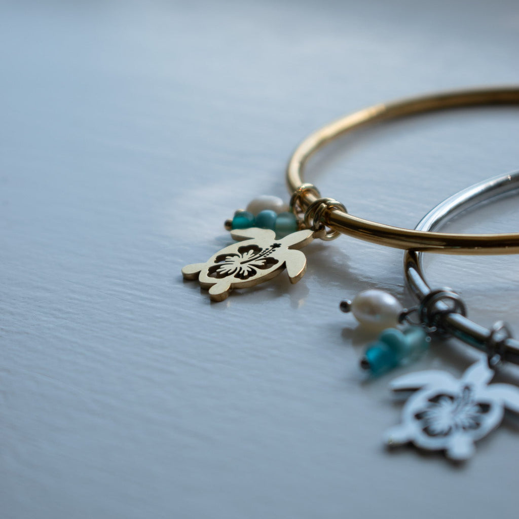 Gold Hibiscus Turtle Charm Bangle