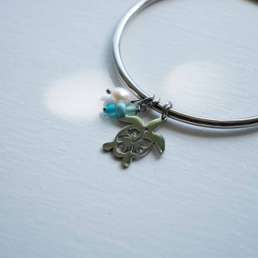 Silver Hibiscus Turtle Charm Bangle