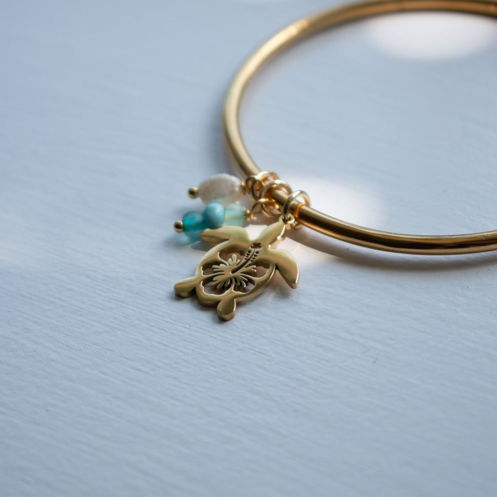 Gold Hibiscus Turtle Charm Bangle