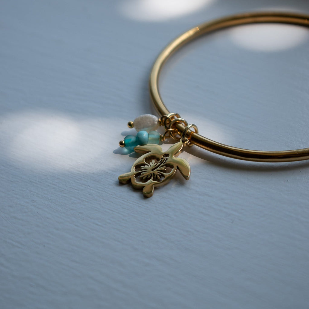 Gold Hibiscus Turtle Charm Bangle