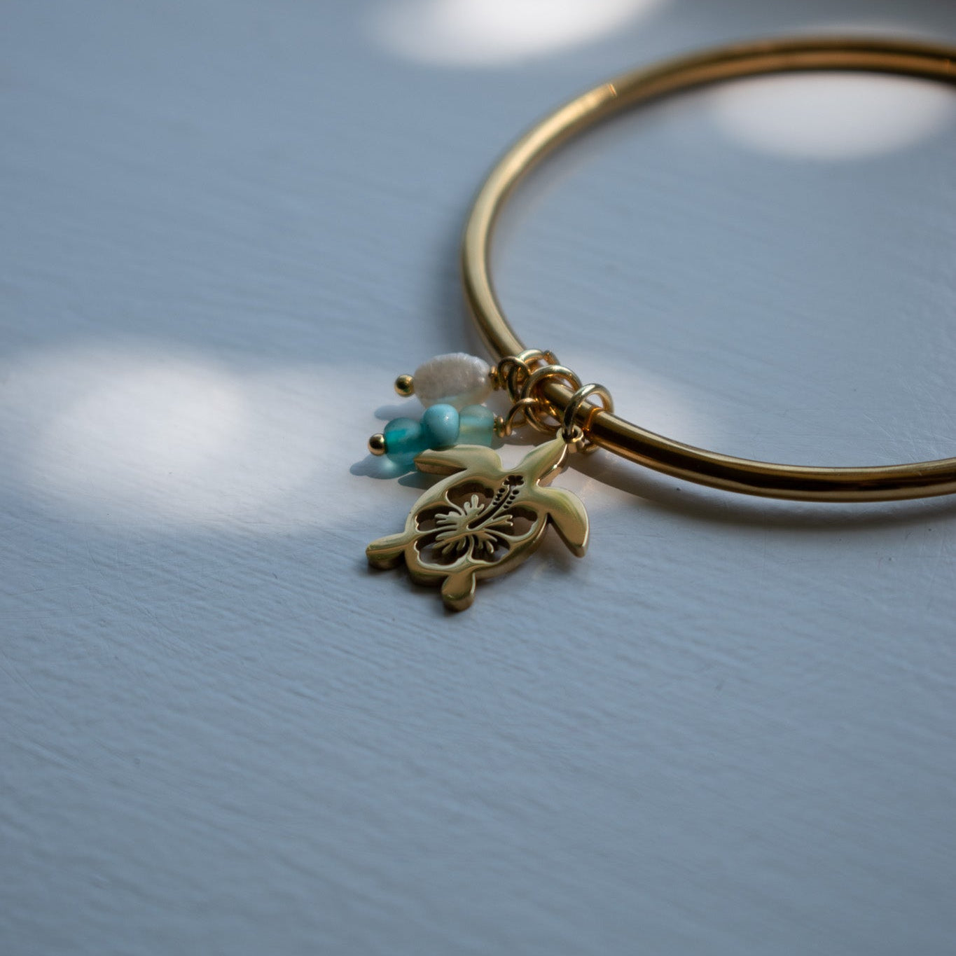 Gold Hibiscus Turtle Charm Bangle