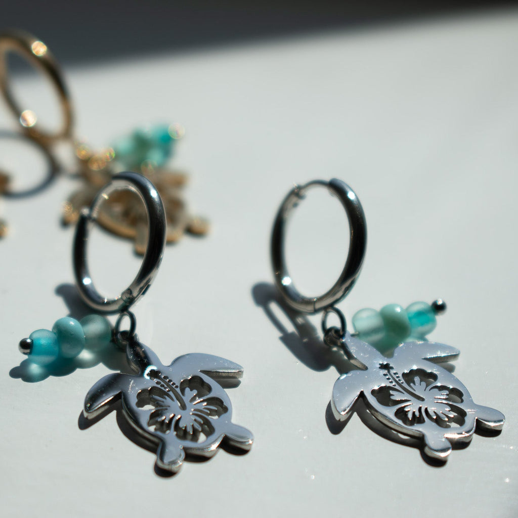 Silver Hibiscus Turtle Charm Earrings