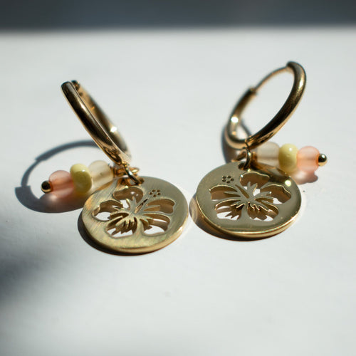 Gold Hibiscus Circle Charm Earrings