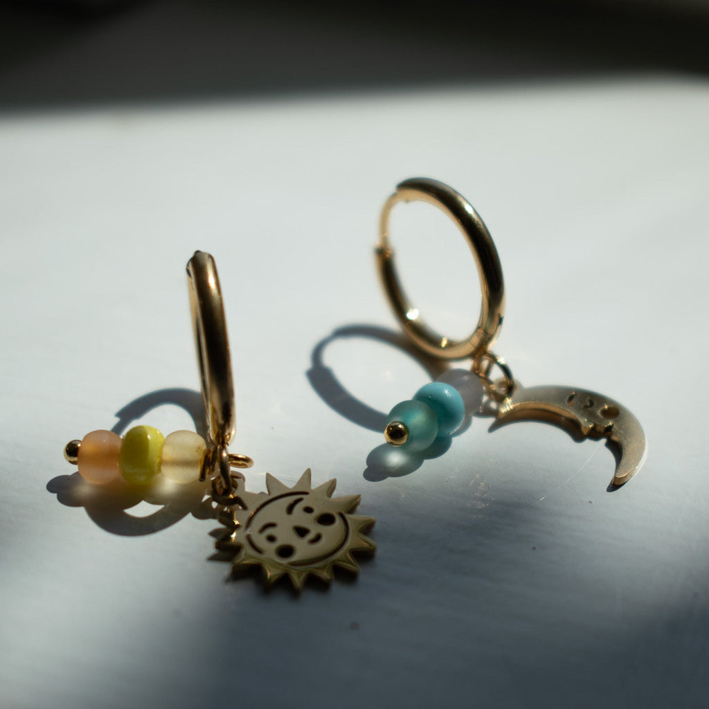 Gold Sun and Moon Charm Earrings
