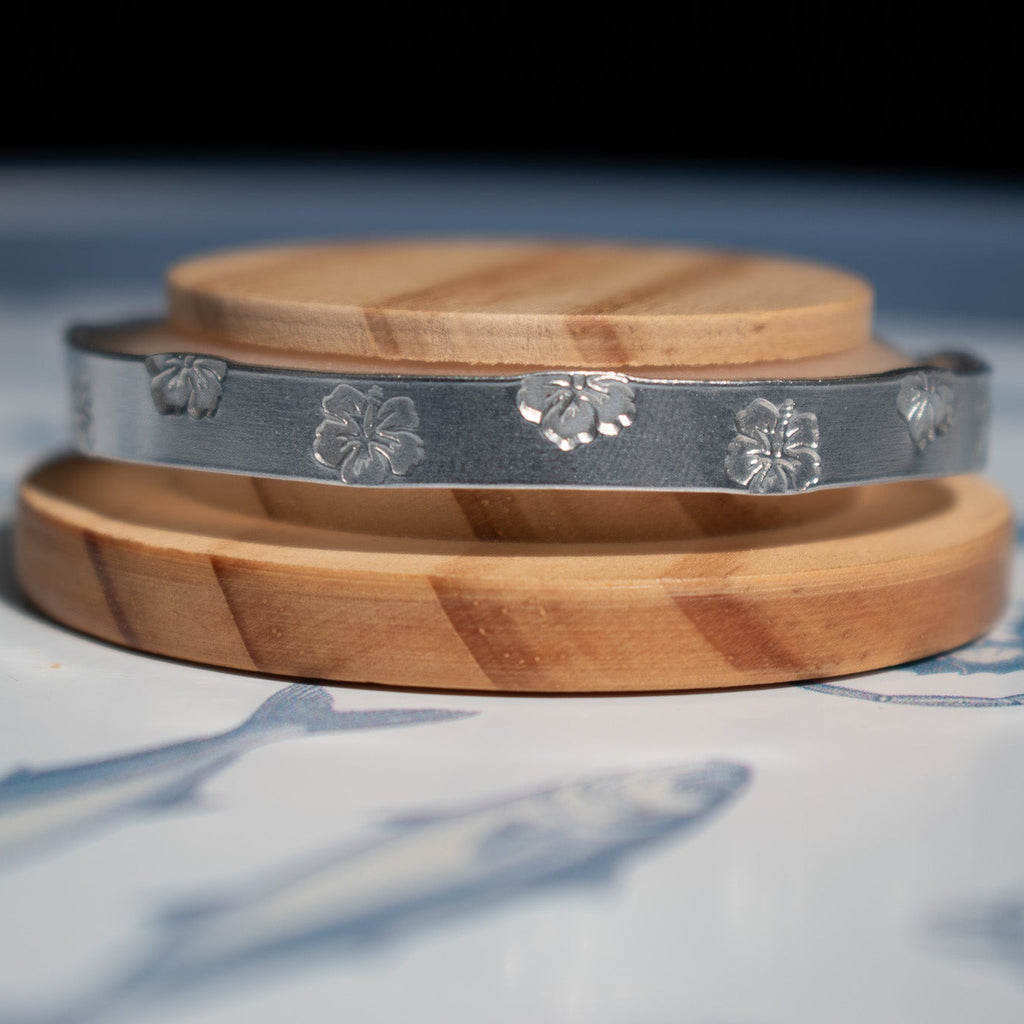 Silver Hibiscus Hand-Stamped Bangle