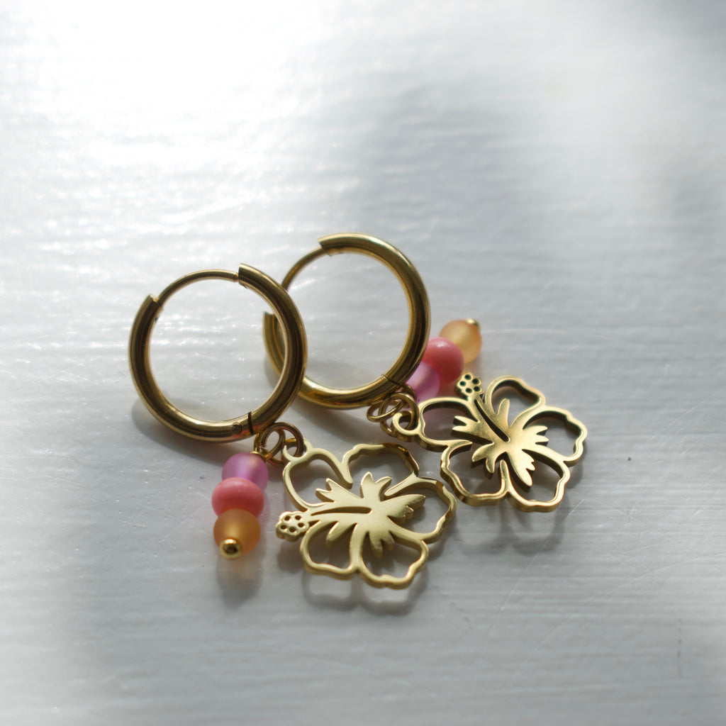 Gold Hibiscus Charm Earrings