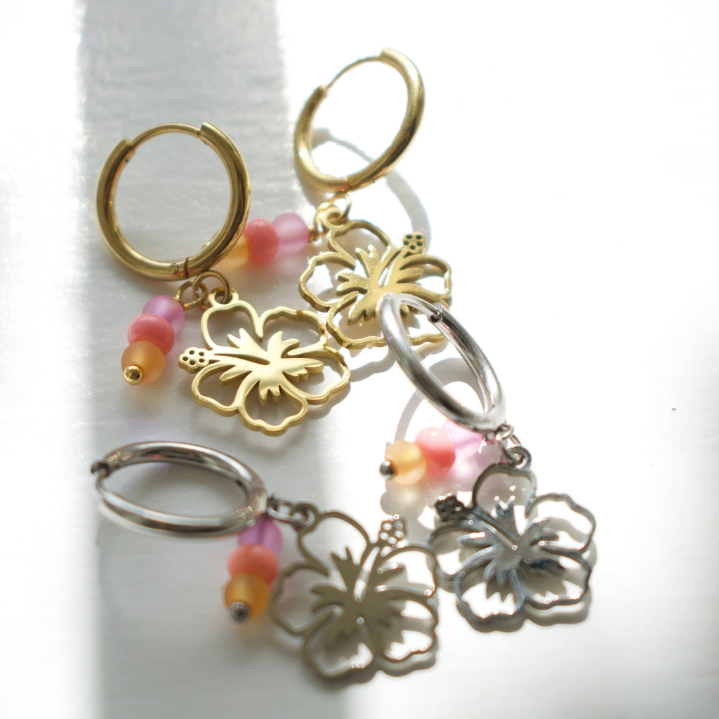 Gold Hibiscus Charm Earrings