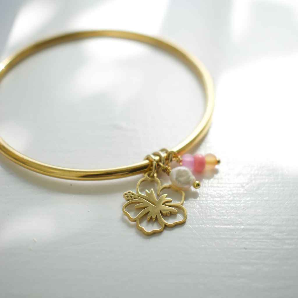 Gold Hibiscus Charm Bangle