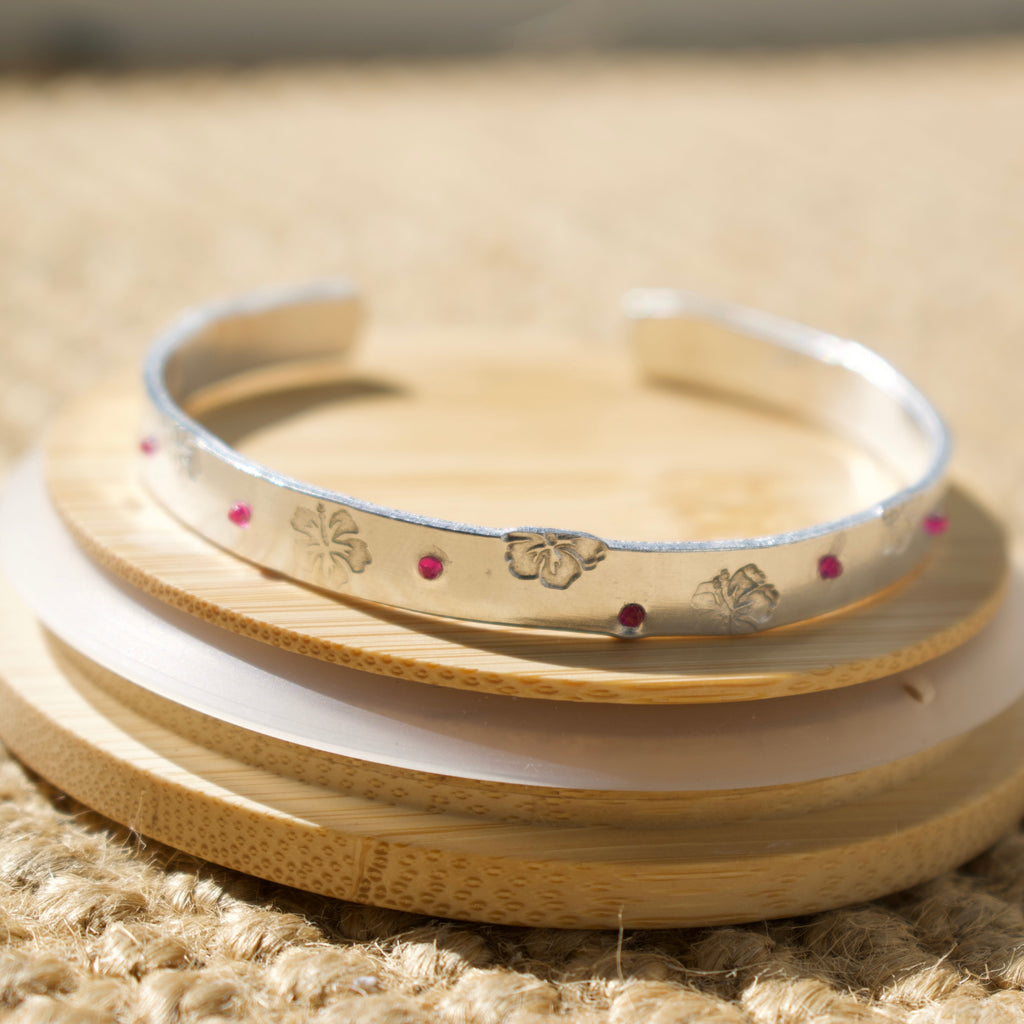 Silver Sparkly Hibiscus Hand-Stamped Bangle