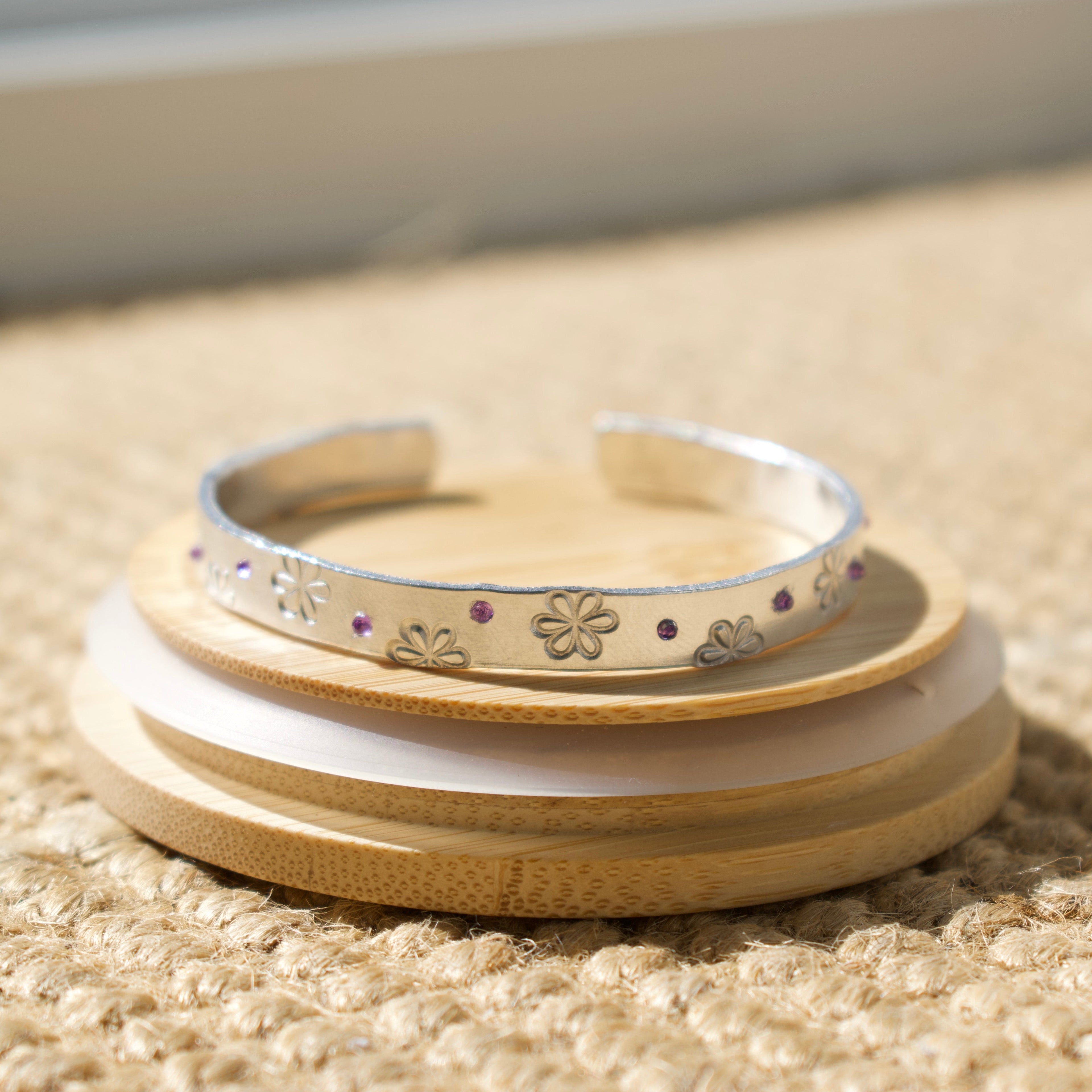Silver Sparkly Ditzy Daisy Hand-Stamped Bangle