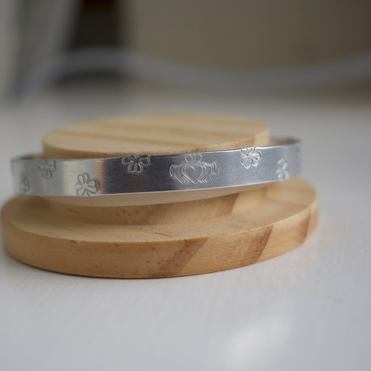 Silver Claddagh and Shamrock Hand-Stamped Bangle