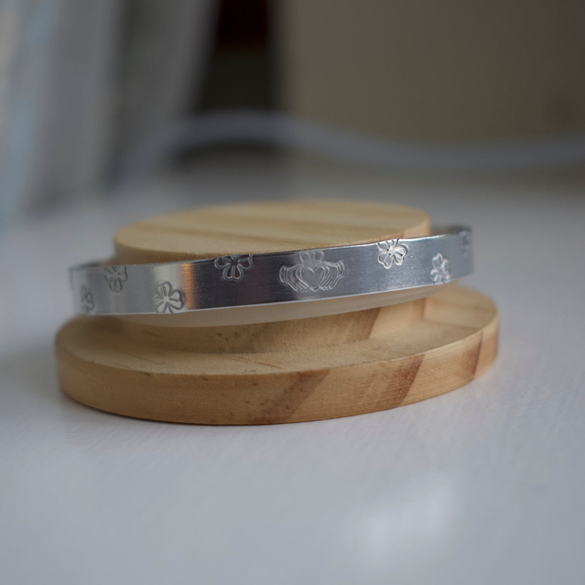 Silver Claddagh and Shamrock Hand-Stamped Bangle