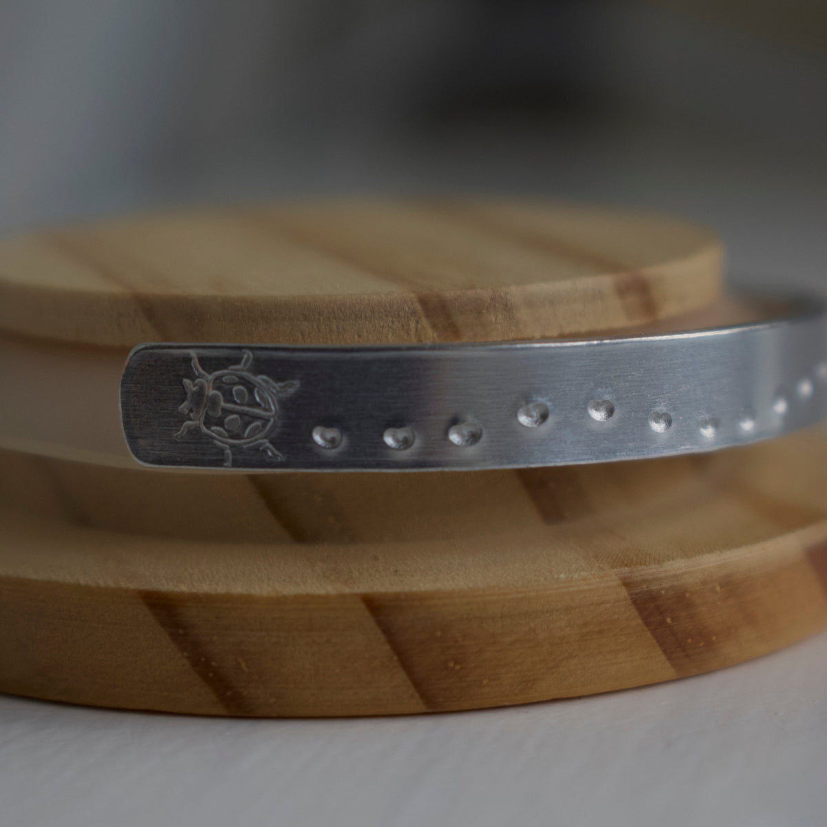 Silver Ladybug Trail Hand-Stamped Bangle