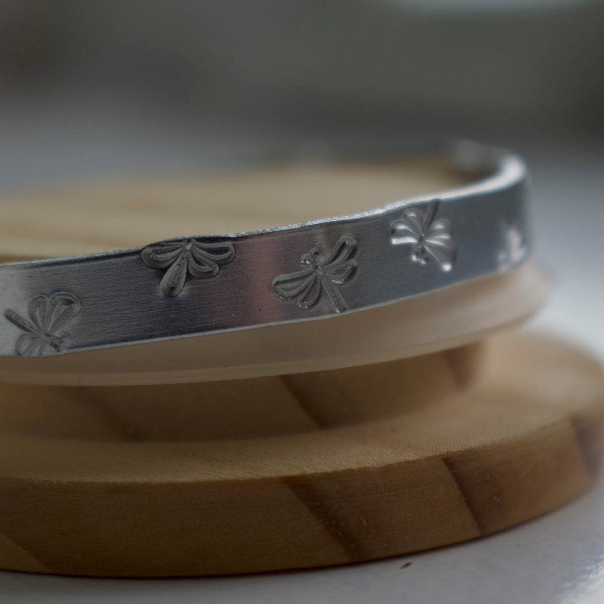 Silver Dragonfly Hand-Stamped Bangle