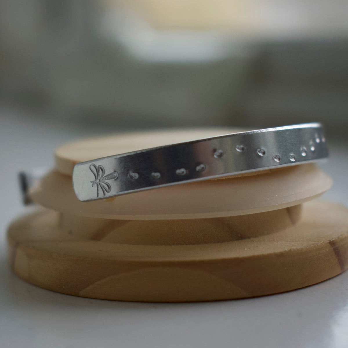 Silver Dragonfly Trail Hand-Stamped Bangle