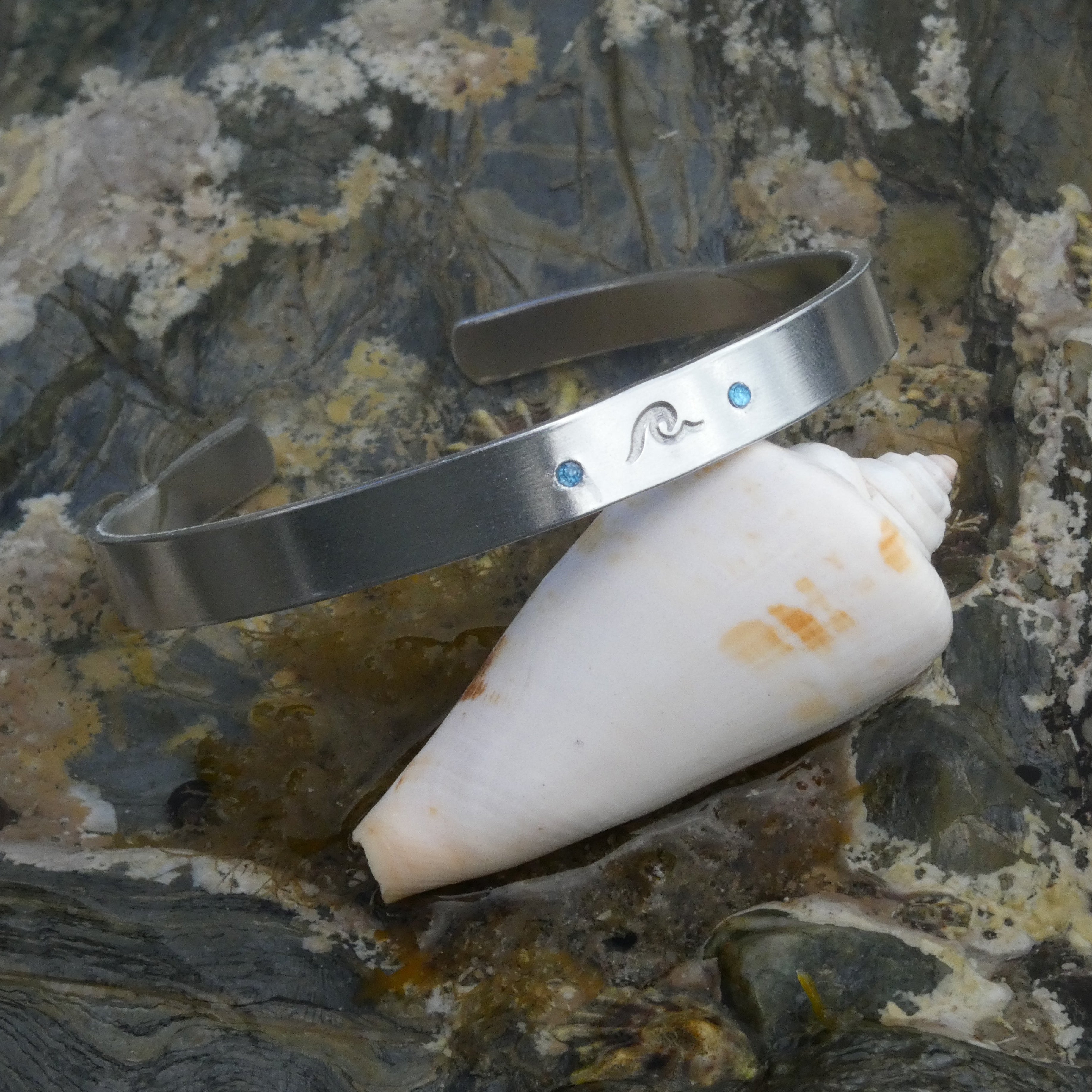 Silver Sparkly Hand-Stamped wave Bangle