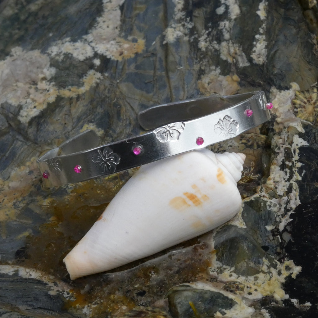 Silver Sparkly Hibiscus Hand-Stamped Bangle