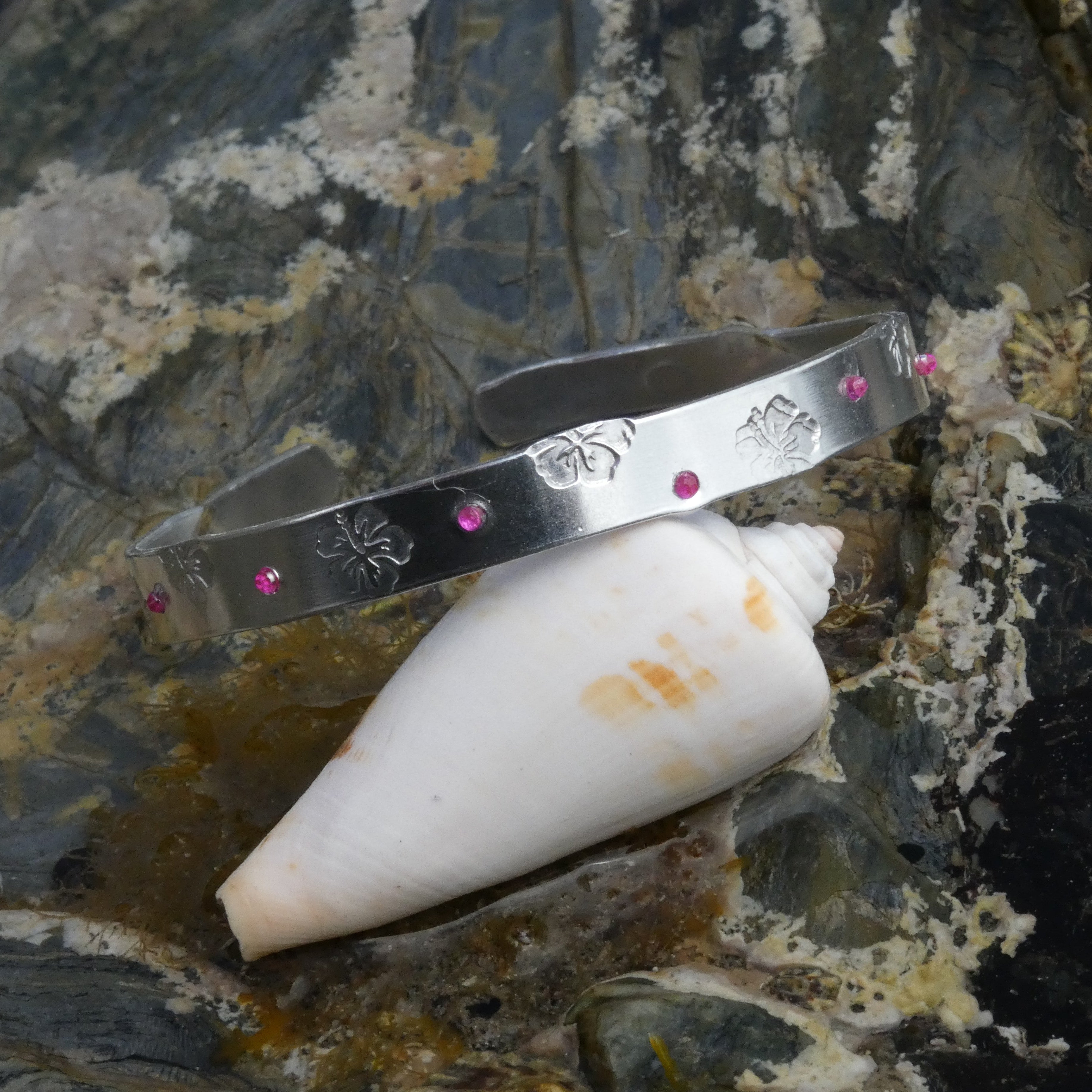 Silver Sparkly Hibiscus Hand-Stamped Bangle