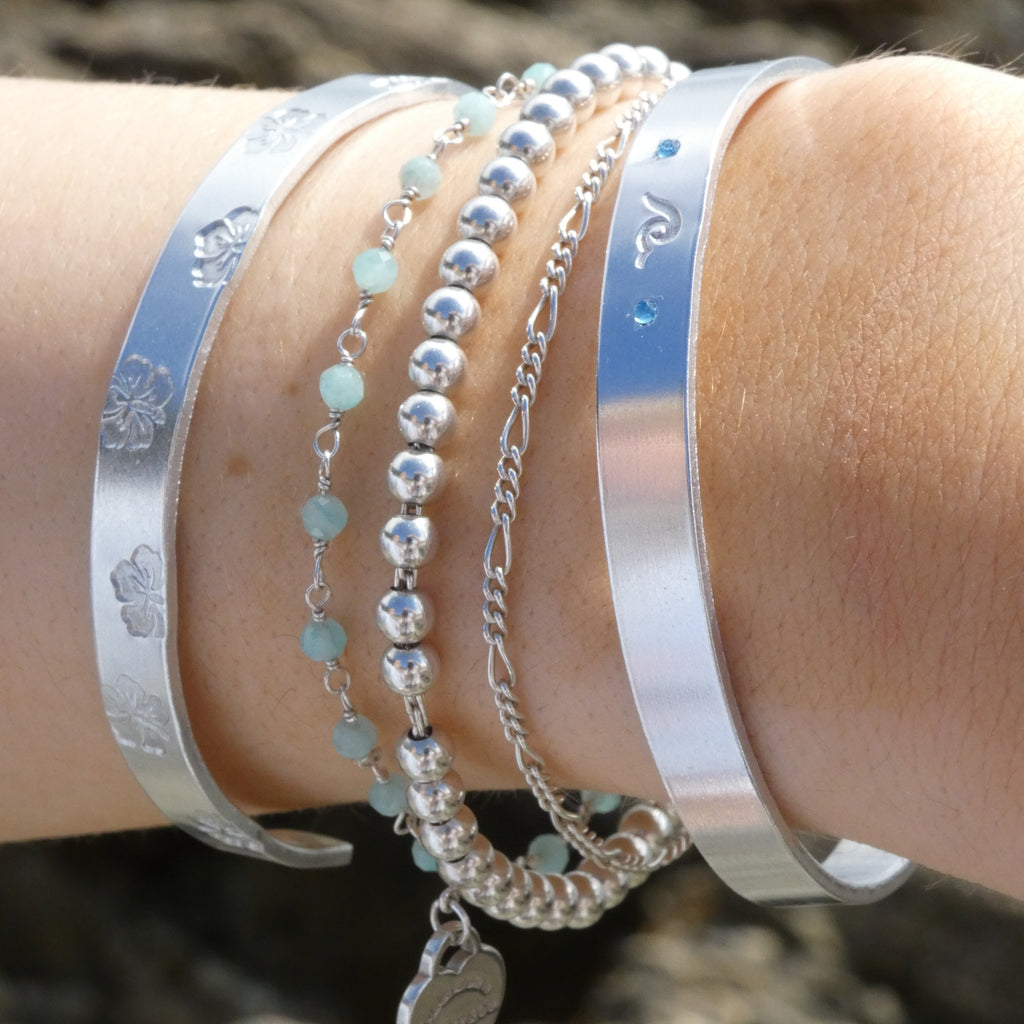 Silver Hibiscus Hand-Stamped Bangle